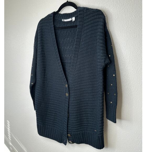 Volcom Black Knit Cardigan Gold Studded Sleeves Front Gold Buttons XS / S - Picture 2 of 16